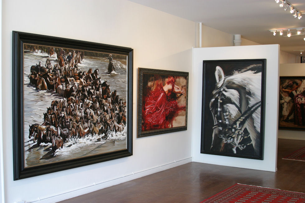 “Equine Tsunami” 60X80” oil on canvas, 2013 & “Die for Love” 40X60” oil on canvas, 2012 & “Unbounded” 72X48” oil on canvas, 2011